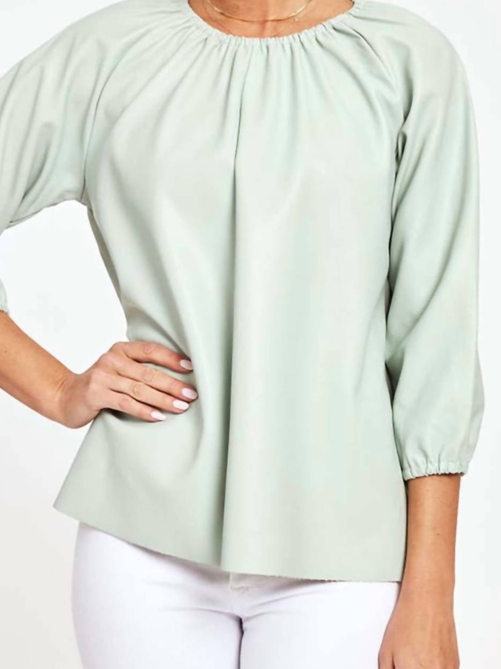Dolce Cabo Light Gray Leather Top with Gathered Neckline